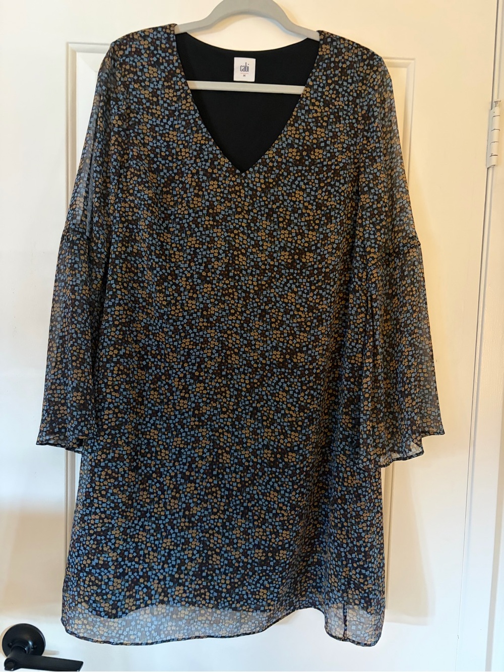CAbi Black V-Neck Shift Dress with Blue & Tan Floral Print